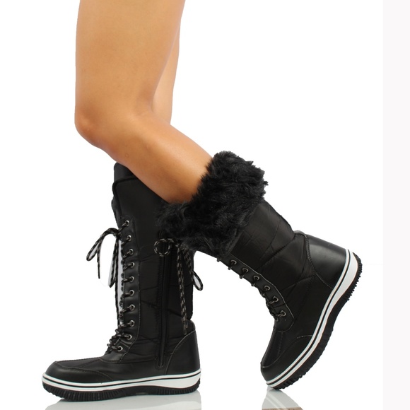 Shoes - Black Nylon Lace Up Faux Fur Cuff Winter Snow Boot